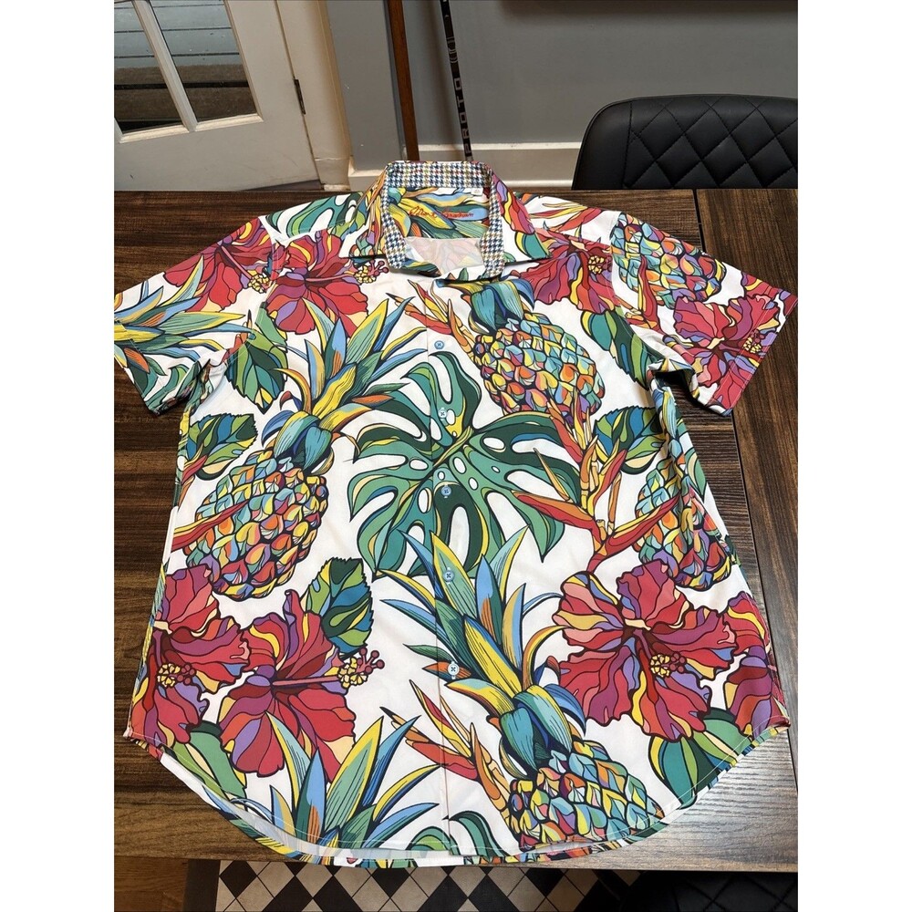 Robert Graham Mens Shirt XL Pineapple Hibiscus Maui Flavors Short Sleeve EUC